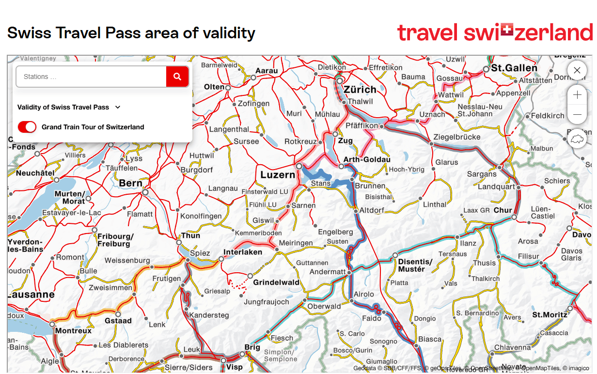 Map showing Grand Train Tour and direct connections from Europe